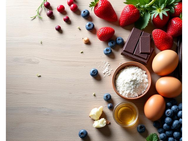 A collection of high-quality baking ingredients, including flour, fresh berries, local eggs, and artisan chocolate, artfully arranged on a wooden table.
