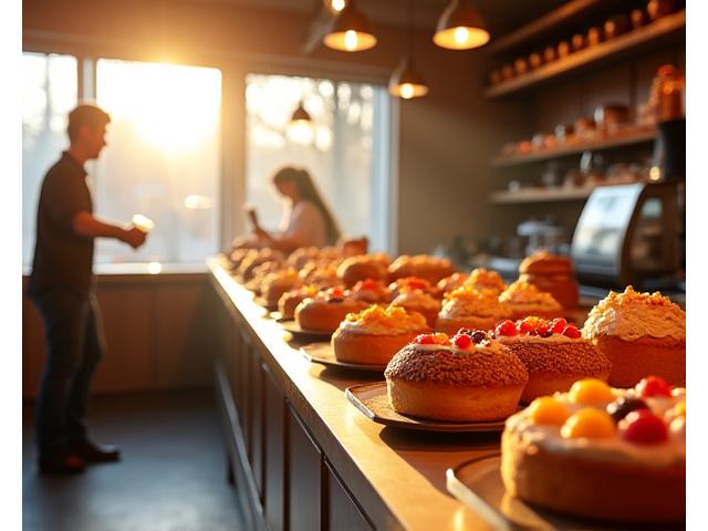 A bustling bakery counter scene in the early morning, filled with enticing displays of fresh pastries and breads, with a barista preparing coffee, hinting at the daily routine.