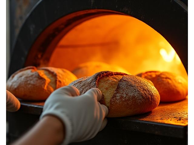 Freshly baked artisan bread emerging from a traditional stone oven, steam rising, highlighting warmth and freshness.