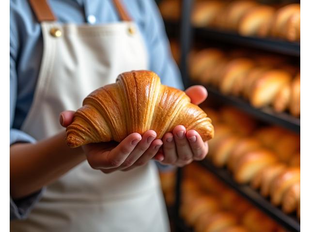 A baker inspecting a completed batch of croissants, holding one up to the light, emphasizing quality control.
