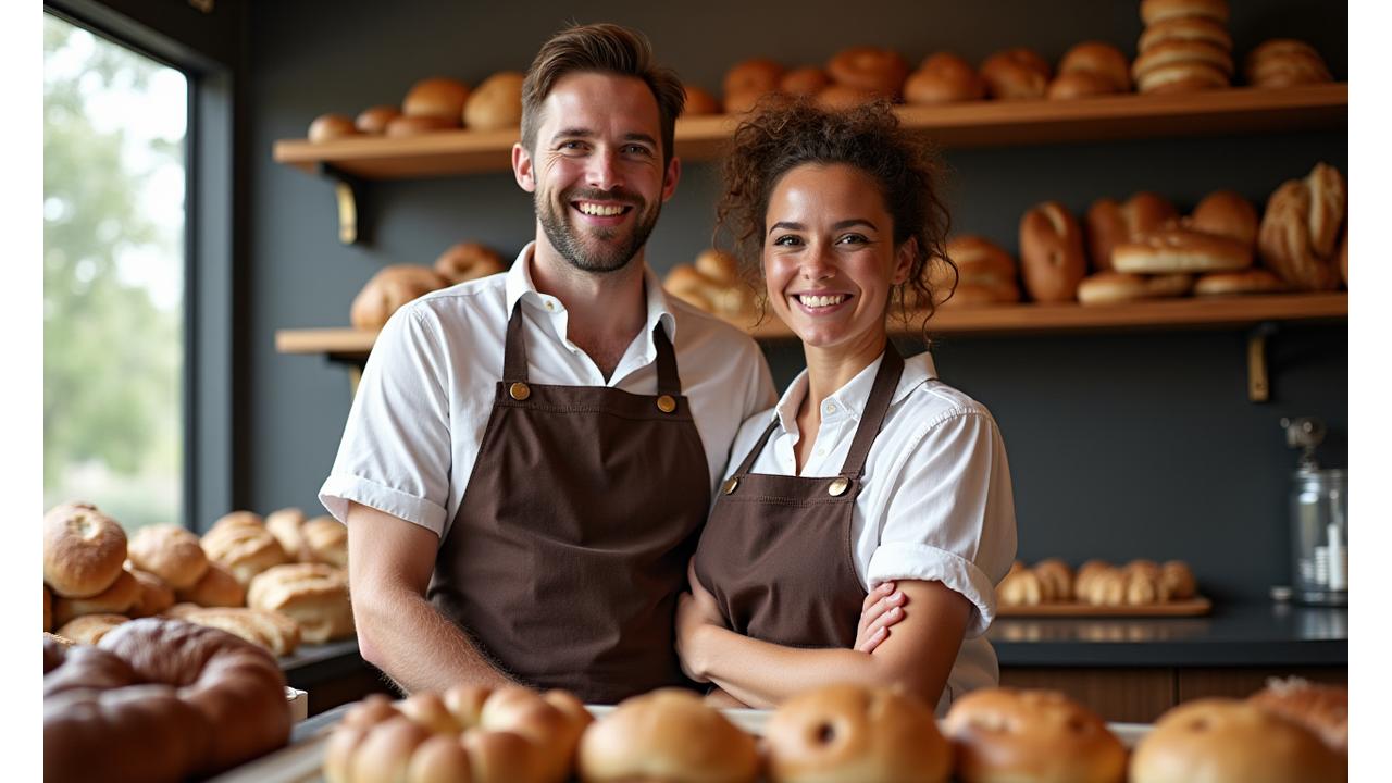 Founders of Sugar & Quill Bakehouse, a man and a woman, smiling in their traditional bakery, surrounded by fresh bread and pastries, conveying warmth and dedication to craft.