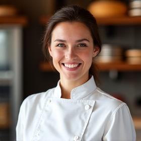 Portrait of Elena Petrova, Sugar & Quill's Head Baker, smiling confidently in her chef's jacket.