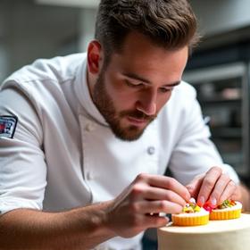 Portrait of Marcus Thorne, Sugar & Quill's Pastry Chef, meticulously decorating a delicate cake.