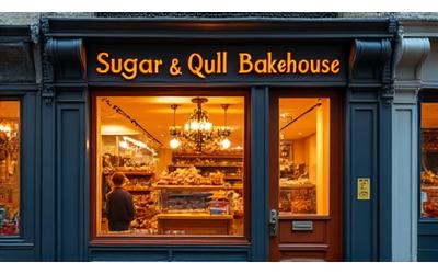 Sugar & Quill Bakehouse exterior shot from 2015, showing its charming storefront in London.