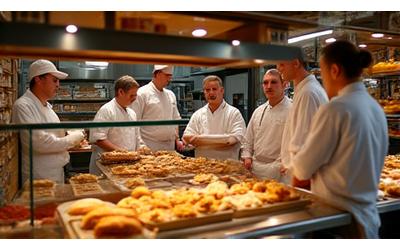 A busy scene inside Sugar & Quill Bakehouse in 2018, with bakers working, indicating growth and expansion.