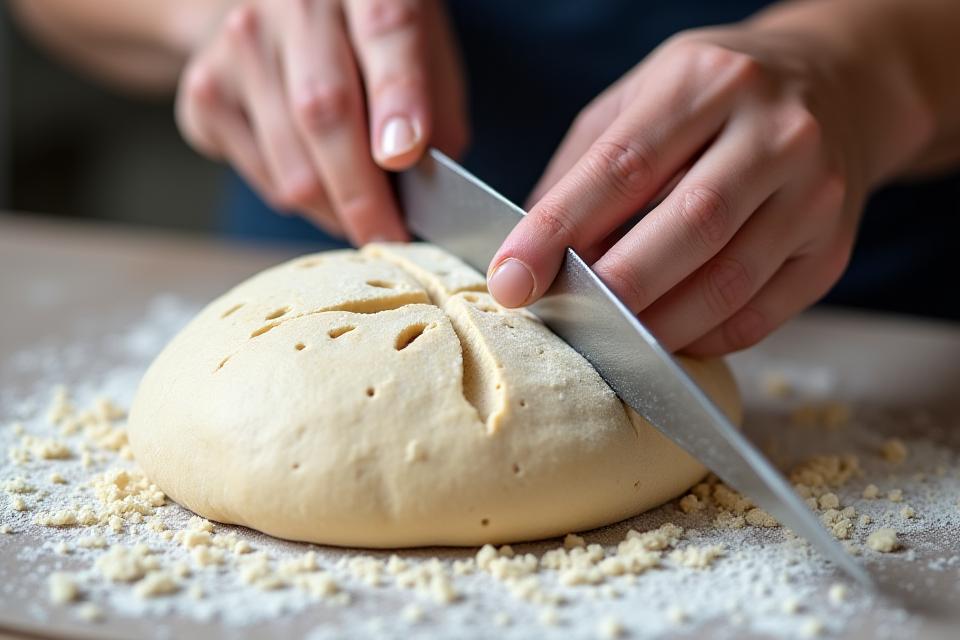 Baker's hands scoring a sourdough loaf before baking