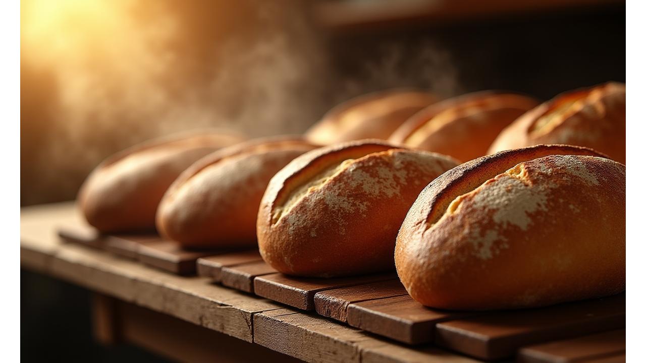 Warm, freshly baked artisan sourdough loaves on a cooling rack