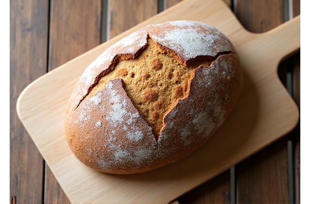 Organic wholemeal loaf on a wooden cutting board