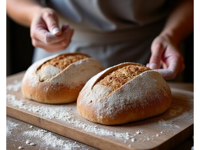 A baker's hands dusting flour over artisanal sourdough loaves, with a scored crust, ready for baking.