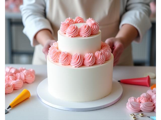 A student meticulously piping delicate buttercream flowers onto a multi-tiered celebration cake, with colourful icing bags and tools scattered around.