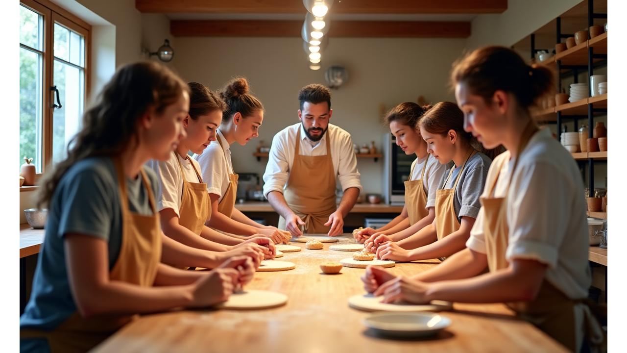 Students actively engaged in a baking class at Sugar & Quill Bakehouse, kneading dough together with an instructor's guidance.