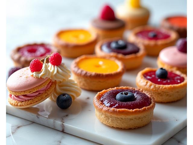 An array of exquisite French pastries including colourful macarons, shiny fruit tarts, and perfectly piped éclairs, artfully arranged on a display.