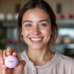Close-up portrait of Chloe smiling, while holding a perfectly shaped macaron, representing her refined skill.