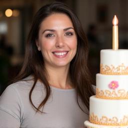 Close-up portrait of Eliza standing proudly next to a beautifully decorated bespoke cake, likely her own creation.