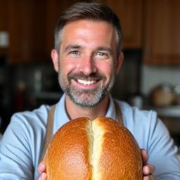 Close-up portrait of Thomas holding a perfect round loaf of artisan sourdough bread, looking pleased.