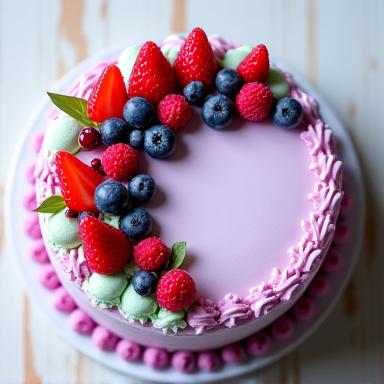 A vibrant birthday cake adorned with colorful macarons and fresh berries, suitable for a personalized celebration.