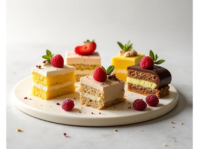 A selection of exquisite cake slices showcasing various innovative flavor combinations, with fresh fruit and delicate garnishes.
