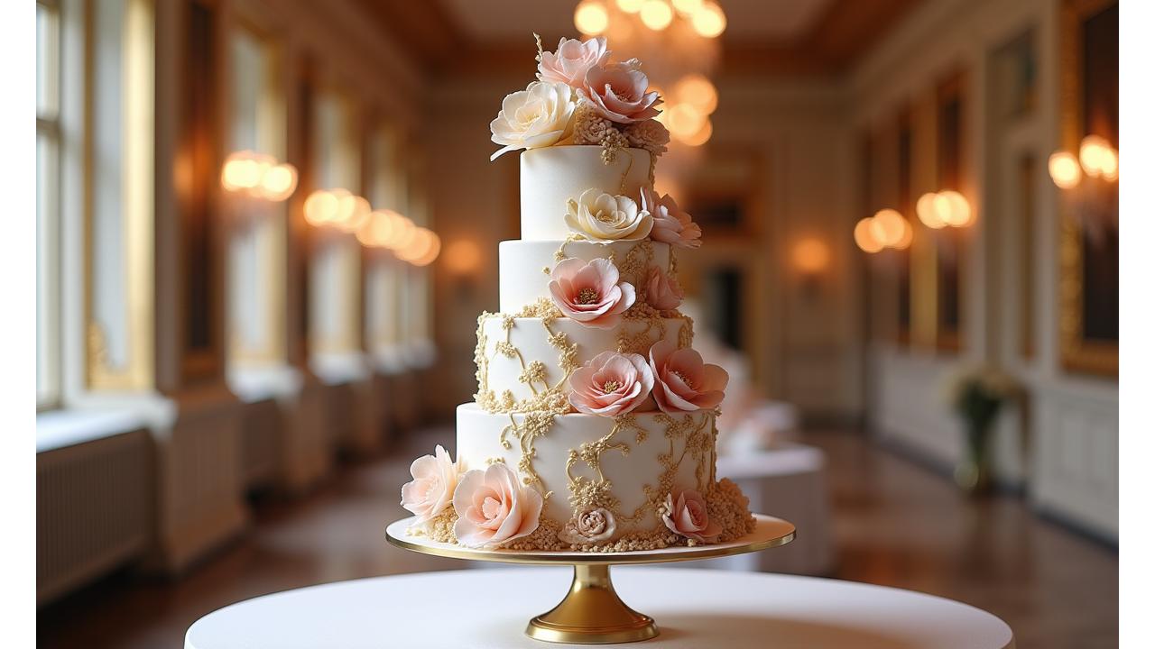 An elegantly designed multi-tiered wedding cake adorned with delicate sugar flowers and gold accents, set in a soft focus, luxurious London event space.