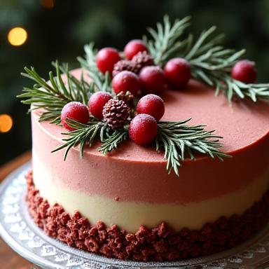 A festive holiday-themed cake with intricate seasonal decorations like frosted cranberries and cinnamon sticks.