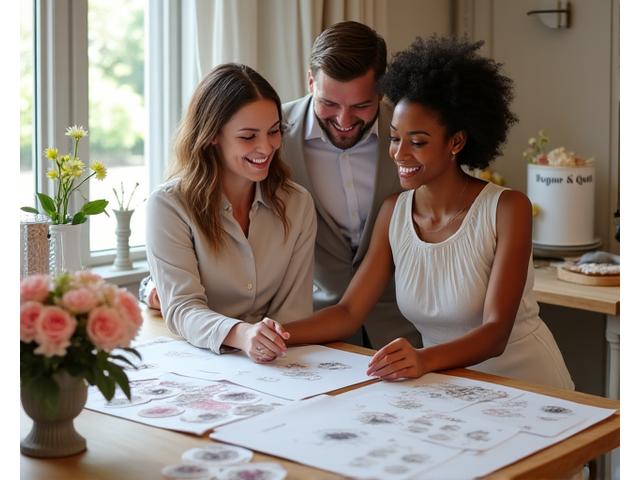 A couple smiling and looking at cake sketches with a Sugar & Quill Bakehouse consultant, surrounded by fabric swatches and fresh flowers.