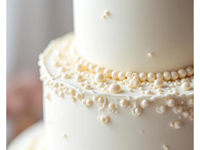 Close-up of a meticulously decorated tier of a white wedding cake, showing intricate lace-like piping and subtle shimmer.