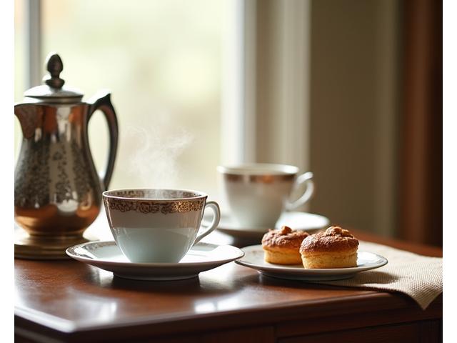An elegant teapot and cup set with steaming loose-leaf tea, delicate pastries on a plate beside it against a warm, inviting background.