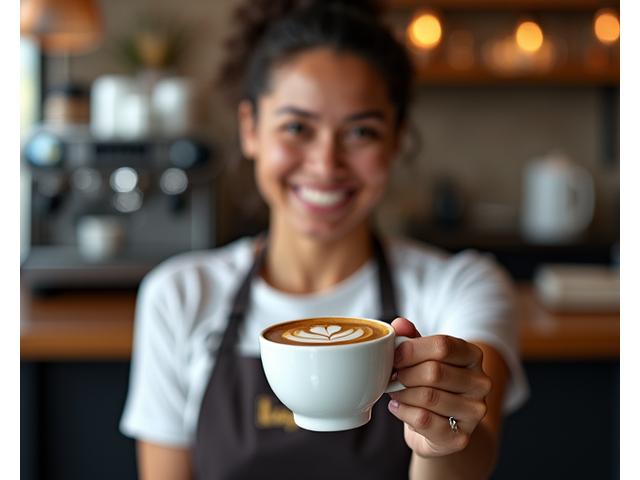 A skilled barista smiling while showcasing intricate latte art in a coffee cup, surrounded by coffee equipment.