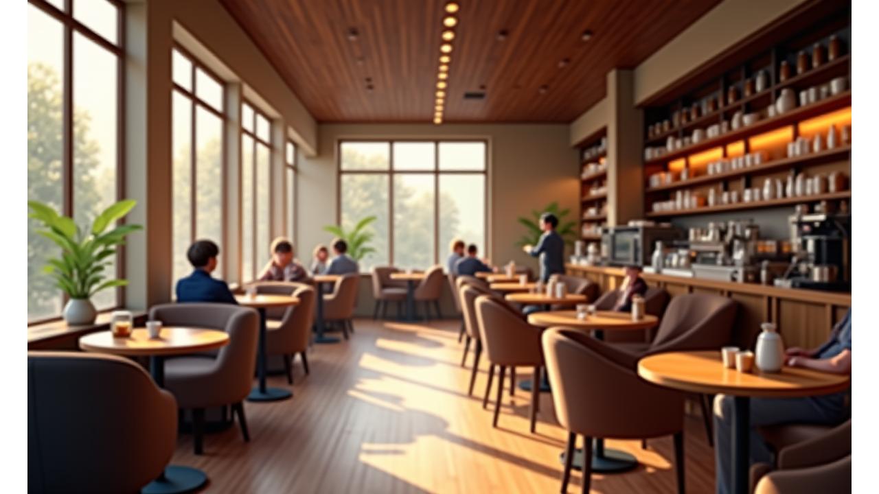 Inviting coffee shop interior at Sugar & Quill Bakehouse with comfortable seating and warm lighting, a barista preparing drinks in the background.