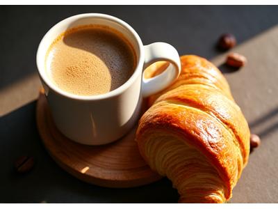 A steaming cup of coffee next to a golden, flaky croissant on a wooden table, bathed in warm morning light.