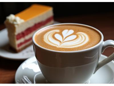 A latte with intricate latte art beside a slice of artisanal cake on a ceramic plate.