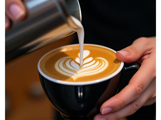 Close-up of a barista expertly pouring latte art into a coffee cup, with rich crema visible.