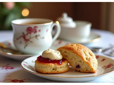 A cup of tea with a scone topped with clotted cream and jam, classic British afternoon tea setting.
