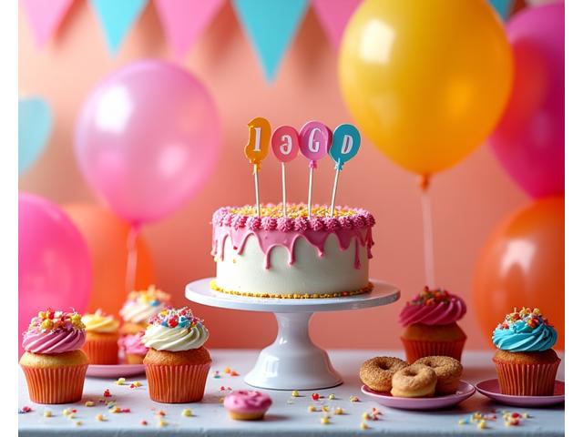 A vibrant birthday party dessert setup with themed cupcakes and a custom cake.