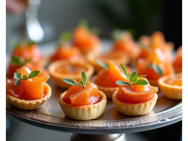 Delicate savory and sweet canapés on a silver tray, ready for serving at a pre-reception.