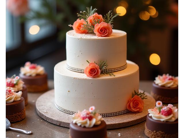 A beautifully decorated company celebration cake with custom branding, surrounded by individual desserts.