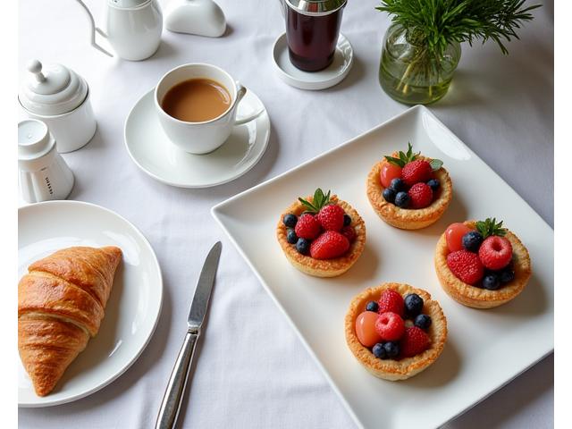 Elegant display of mini croissants, fruit tarts, and coffee for a corporate breakfast meeting.