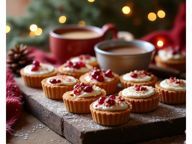 A festive holiday dessert spread with seasonal pies, cookies, and hot chocolate.