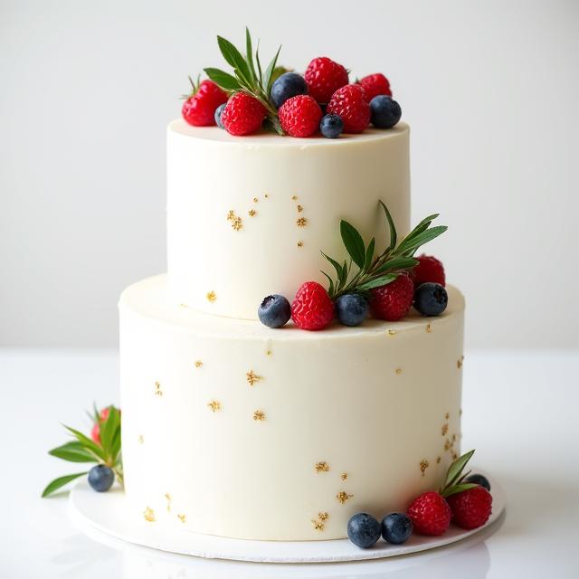 A beautifully designed 3-tier wedding cake with delicate white frosting, fresh berries, and subtle gold leaf accents.