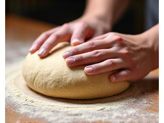 Chef's hands meticulously shaping dough on a floured wooden surface, illuminated by bakery lights.
