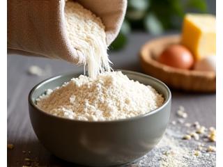 Close-up of premium flour being poured into a mixing bowl, with fresh eggs and butter alongside.