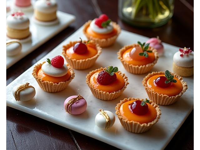 Elegant dessert spread with mini tarts, macarons, and fruit pastries on a polished wooden table, set up for a corporate event.