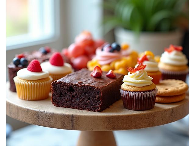 A vibrant display of gluten-free cupcakes and vegan brownies on a rustic wooden stand, showcasing inclusive dessert options.