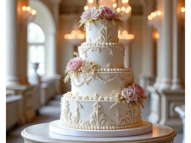 Luxurious multi-tiered white wedding cake adorned with delicate sugar flowers and subtle gold accents, in a grand London ballroom setting.