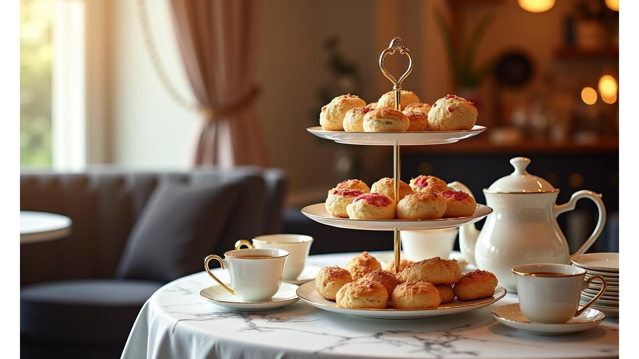 Three-tier afternoon tea stand laden with an exquisite selection of mini patisseries, finger sandwiches, and fresh scones, set in a sophisticated London bakery environment.