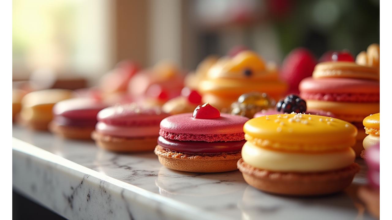 An impeccably arranged display of assorted French patisseries, including colourful macarons, glistening fruit tarts, and delicate eclairs, showcasing the artistry of Sugar & Quill Bakehouse.
