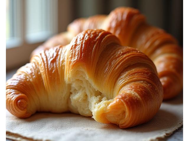 Golden, flaky French croissant with visible layers, freshly baked.