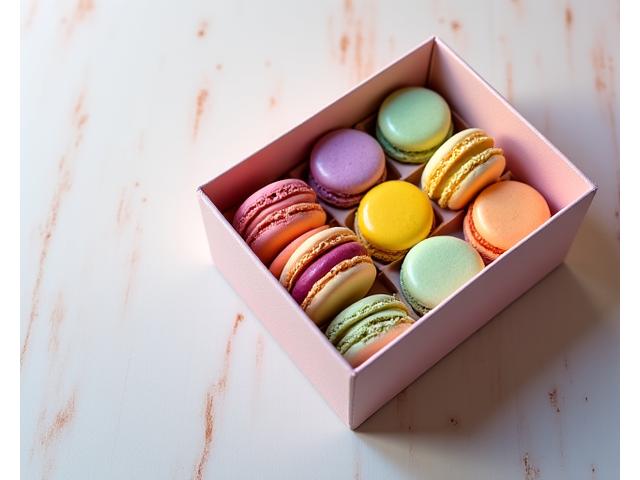 Assortment of colourful French macarons in a elegant gift box, showcasing smooth shells and delicate fillings.