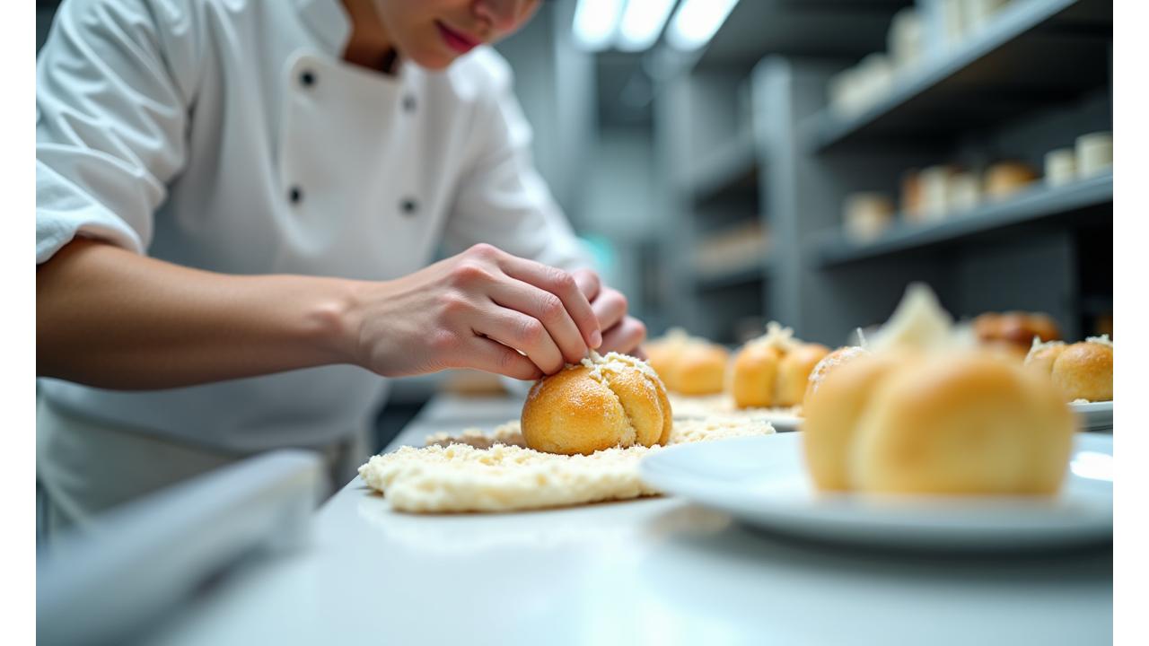 A pastry chef meticulously decorating a patisserie with delicate care in a professional, clean kitchen, emphasizing precision and quality.