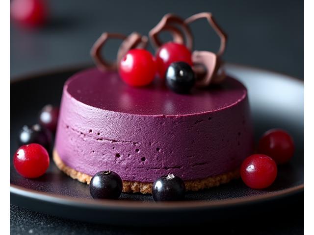 A sophisticated individual blackcurrant mousse dessert, with intricate chocolate decoration and fresh berries.
