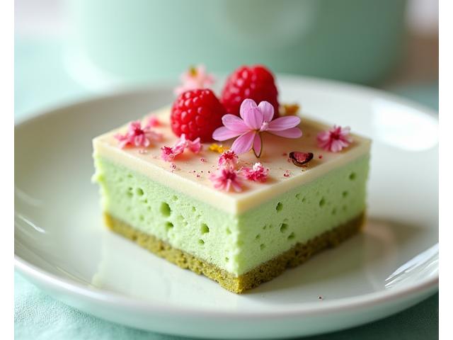 An artfully styled contemporary individual pistachio and raspberry tart, featuring unique geometric shapes and edible flowers.